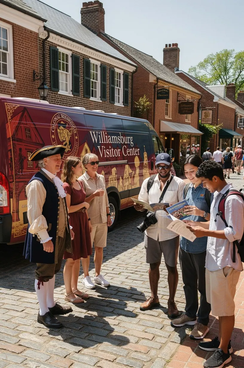 Фургон с вывеской мобильного туристического центра, предлагающий билеты и экскурсии в популярных местах.